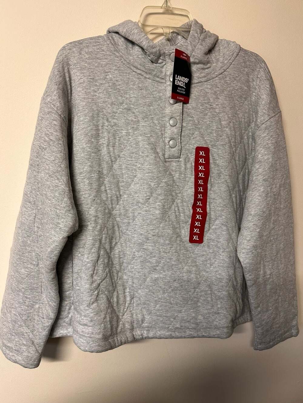 Lands' End Quilted Pullover Hoodie Size XL Gray Snap Sweatshirt NWT